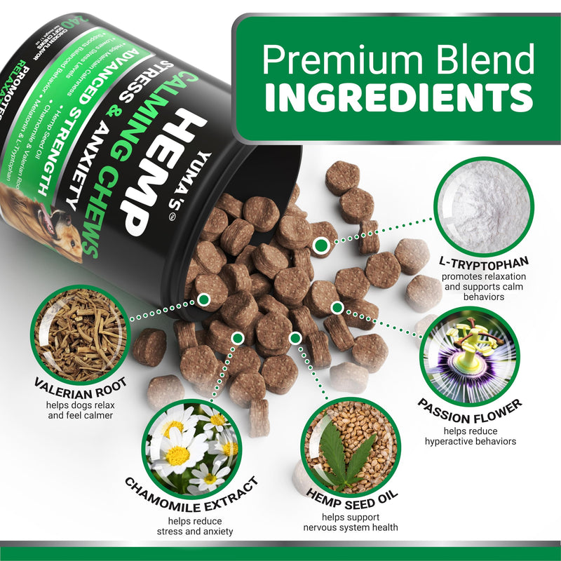 Hemp Calming Chews for Dogs - 240 Treats - Advanced Dog Calming Chews - Anxiety Relief Supplement Treats with Melatonin - Sleep Aid for Separation, Barking, Stress, Hip and Joint Support Made in USA 240 Chews