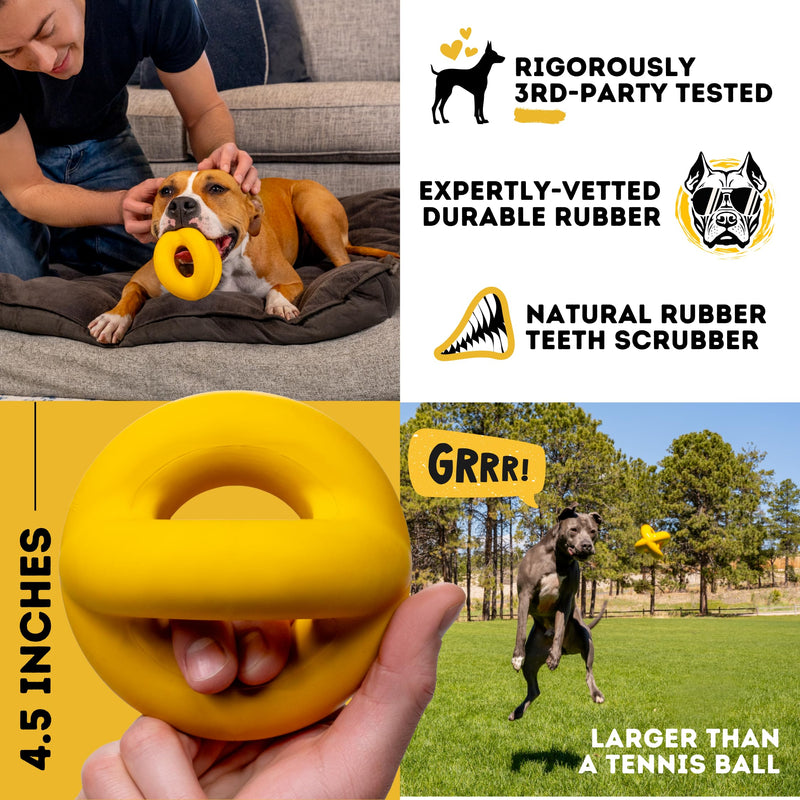 Indestructible Ring Ball - Lifetime Replacement - for Aggressive Chewers, Medium Large Breed - Non-Toxic Natural Rubber Dog Toys - Butter Scent, Yellow (Highly Visible Color for Dogs) - 4.5” - BeesActive Australia