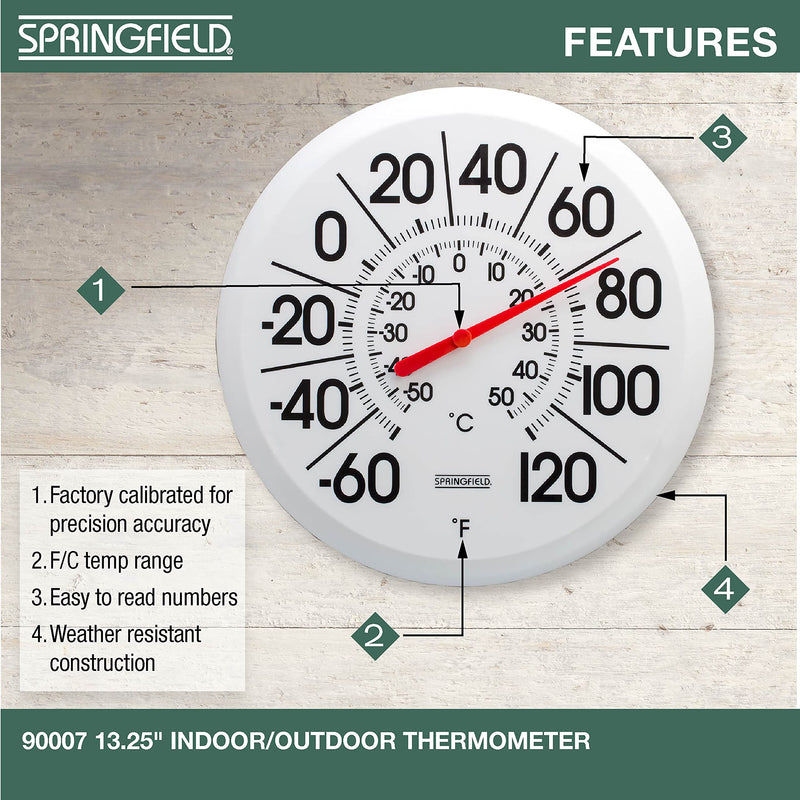 Springfield Indoor Outdoor Big and Bold Thermometer with Mounting Bracket, Easy to Read Numbers for Patio, Pool, and Indoor Areas, 13.25-Inch, White