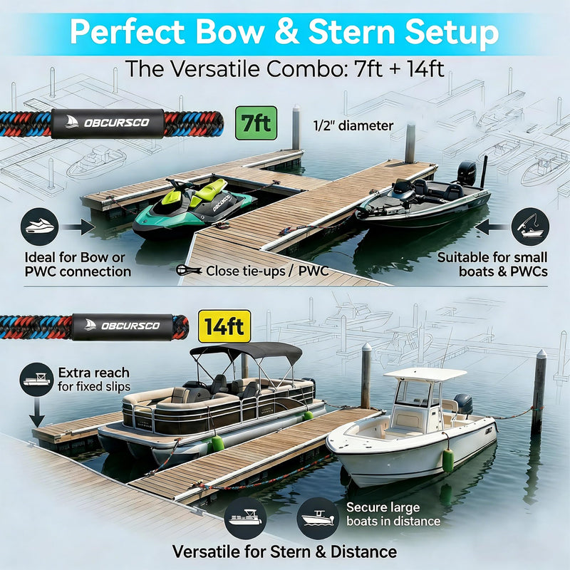 Obcursco Heavy Duty Boat Dock Lines (7ft & 14ft) - 1/2" Marine Mooring Rope with 316 Stainless Steel Clip - Accessories for PWC, Pontoon, Center Console, Jet Ski (Black/Red/Blue, 2 Pack) Black/Red/Blue - BeesActive Australia