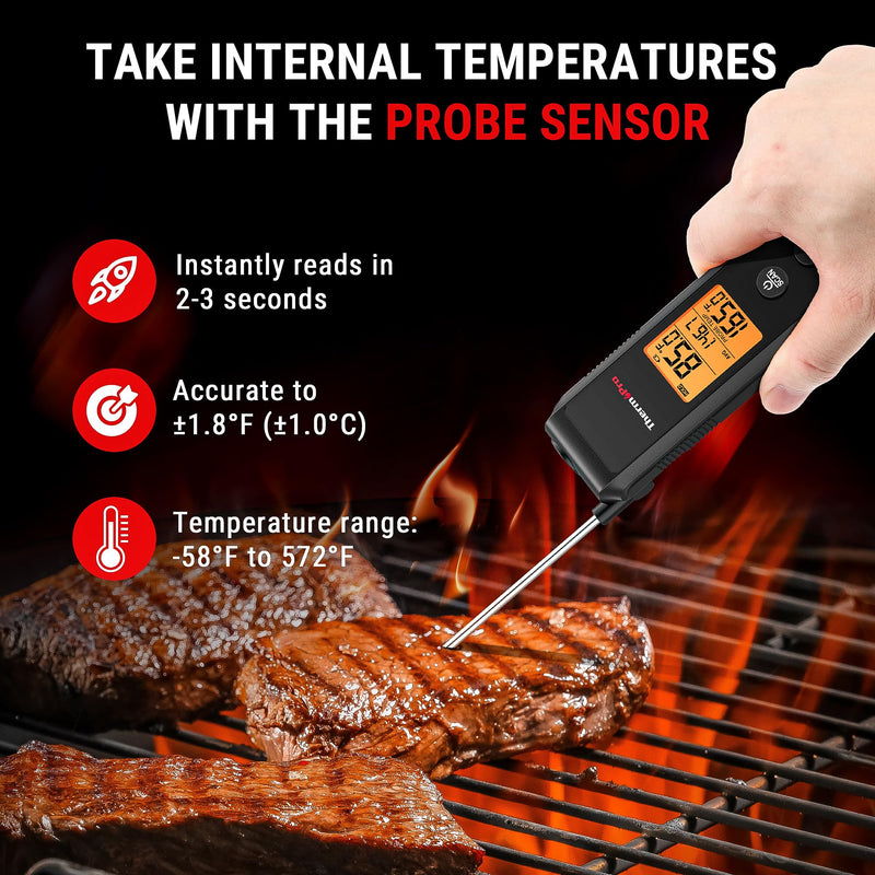 ThermoPro 2-in-1 Instant Read Thermometer for Cooking, Infrared Thermometer Cooking Thermometer with Meat Probe, Non-Contact Laser Meat Thermometer for Griddle Grill Pizza Oven HVAC Pool, Black - BeesActive Australia