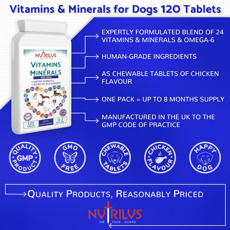 Vitamins and Minerals for Dogs - 120 Chewable Chicken Flavour Tablets - 24 Vitamins, Microelements and Omega 6 - Skin, Fur, Heart, Bones, Brain, Energy