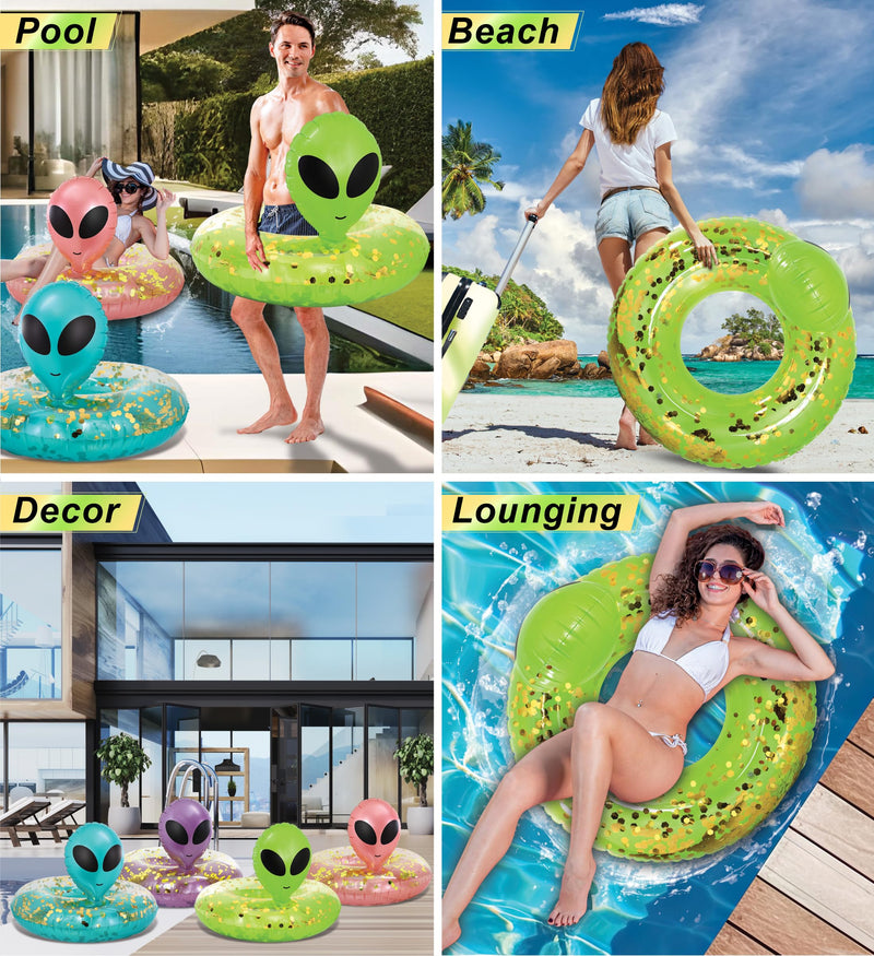POZA Inflatable Alien Pool Float Tube - Heavy Duty Vinyl UV Resistant Confetti Pool Alien Floatie, Cool Pool Float Swim Ring Pool Inflatables for Kids, Adults for Beach, Party, Vacation Green Gold
