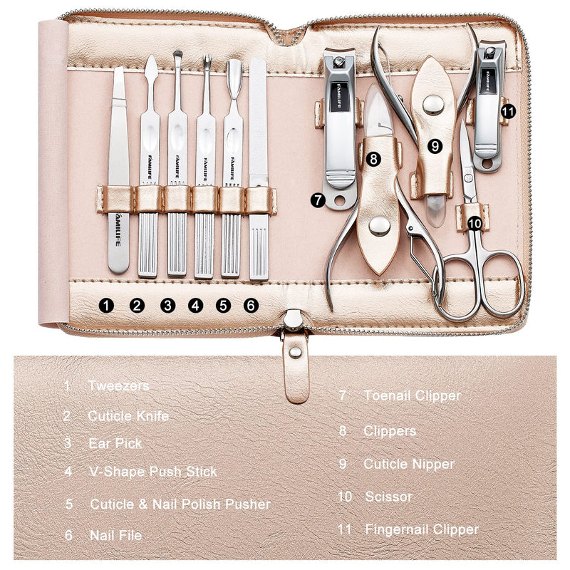FAMILIFE Gifts for Women, Manicure Set Professional Manicure Kit 11 in 1 Nail Kit Nail Clippers Tools Stainless Steel with Rose Gold Leather Case Travel Sets - BeesActive Australia