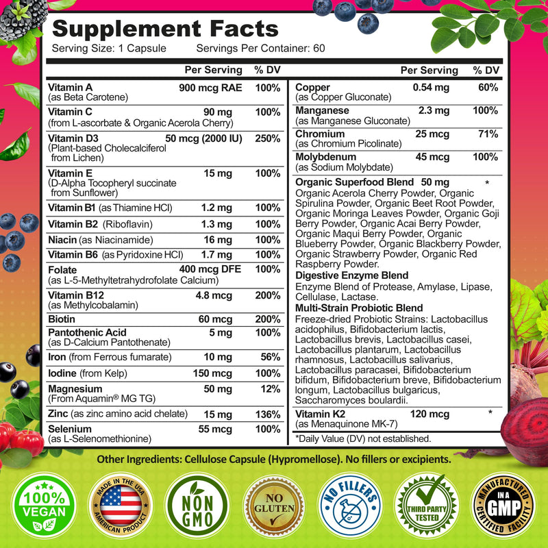 Vegan Methylated Multivitamin for Women - Biotin, Probiotics & Iron | Women's Daily Multivitamin with Iron - Energy Digestive & Optimal Health Support-Organic Superfoods, Easy-to-Swallow Capsules 60 Count (Pack of 1) Women's Multivitamin With Iron