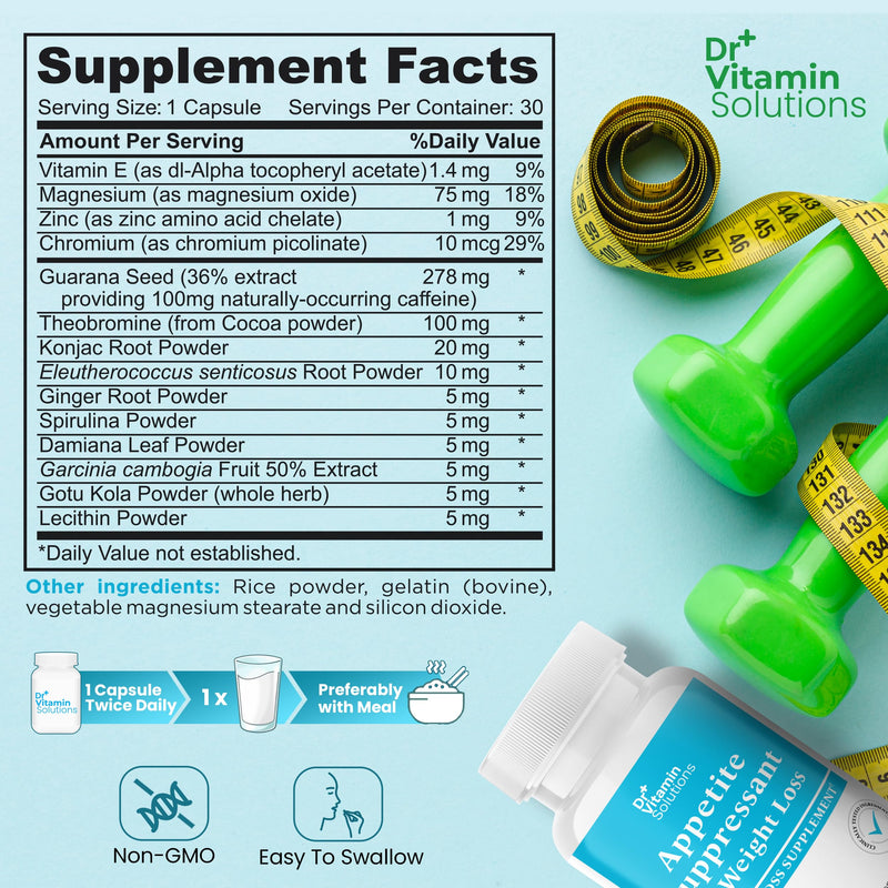DR VITAMIN SOLUTIONS Appetite Suppressant for Weight Loss - Pills for Women w/Garcinia, Ginger Root, Guarana - Fat Burners, Metabolism Booster for Women & Men (1 Bottle, 30 Capsules) 30 Count (Pack of 1)