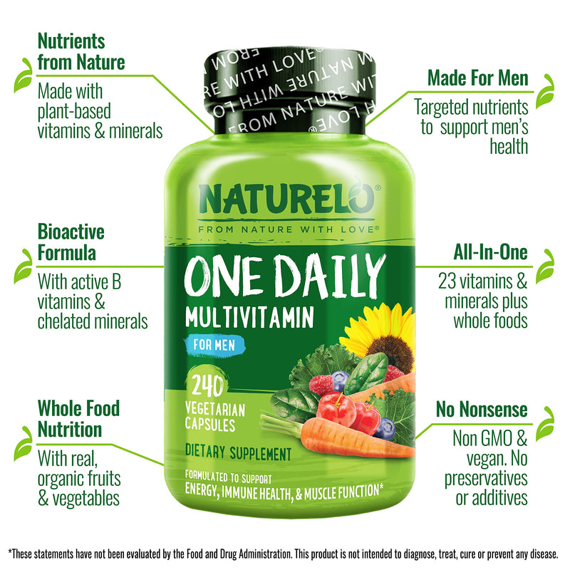 NATURELO Multivitamin for Men - One Daily, 240 Vegetarian Capsules | Vitamins, minerals & organic whole foods, non-GMO Unflavored 240 Count (Pack of 1)