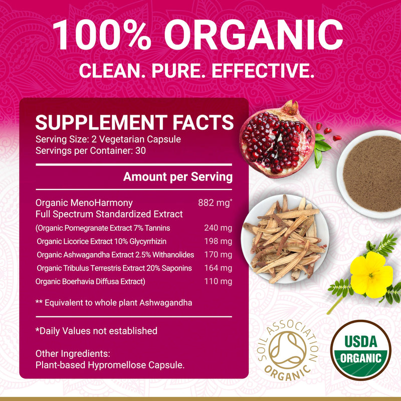 USDA Organic Menopause Supplements for Women, Hormone Balance, 60 Caps | USDA Certified Organic Menopause Support| MenoHarmony Menopause Relief Formula | Perimenopause | Postmenopause | True Veda 60 Count (Pack of 1)