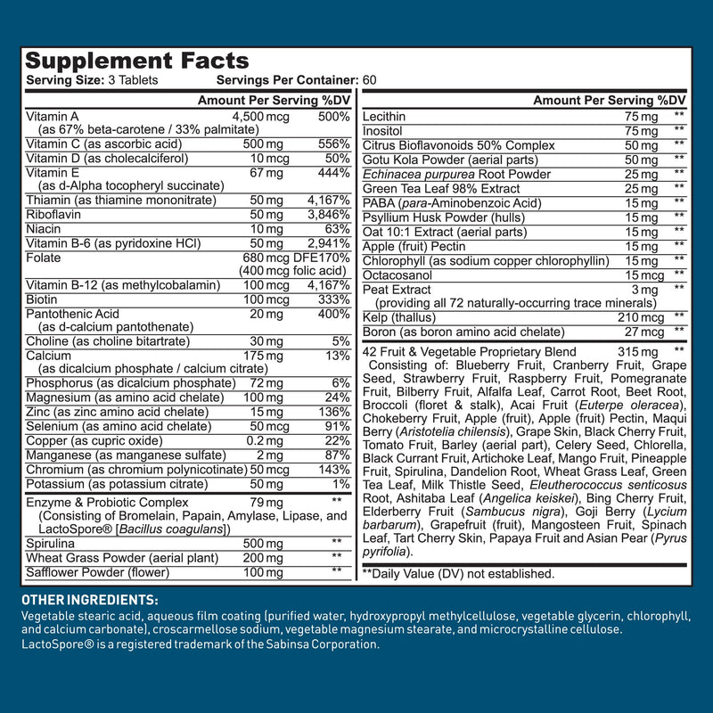 Dr. Tobias Adult Multivitamin for Women & Men 180 Count | Daily Energy & Immune Support | Vitamin Supplement with 42 Fruits & Vegetables + Probiotic + Enzymes | Vegan | 60 Servings 180 Count (Pack of 1)