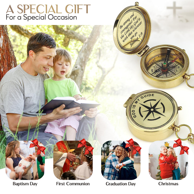 God is My Guide Brass Compass Gift with Display Box - Engraved Scripture Prayer Compass Religious Gift for Men & Women - Baptism, Confirmation, Communion Compass for Boys Graduation Gift Polished Brass - BeesActive Australia