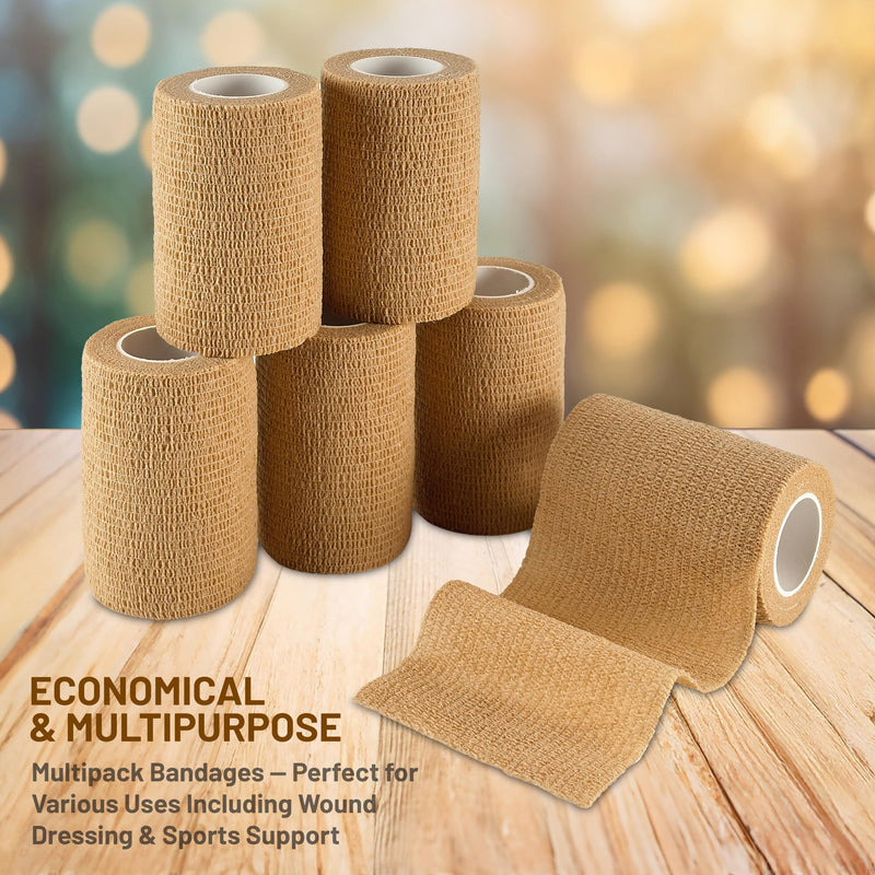 Self Adherent Wrap - Bulk Pack of 6, Athletic Tape Rolls and Sports Wraps, Self Cohesive Non-Woven Adhesive Bandage (3 in x 5 Yards) for Ankle Sprains & Swelling 6 Count (Pack of 1) Beige - BeesActive Australia