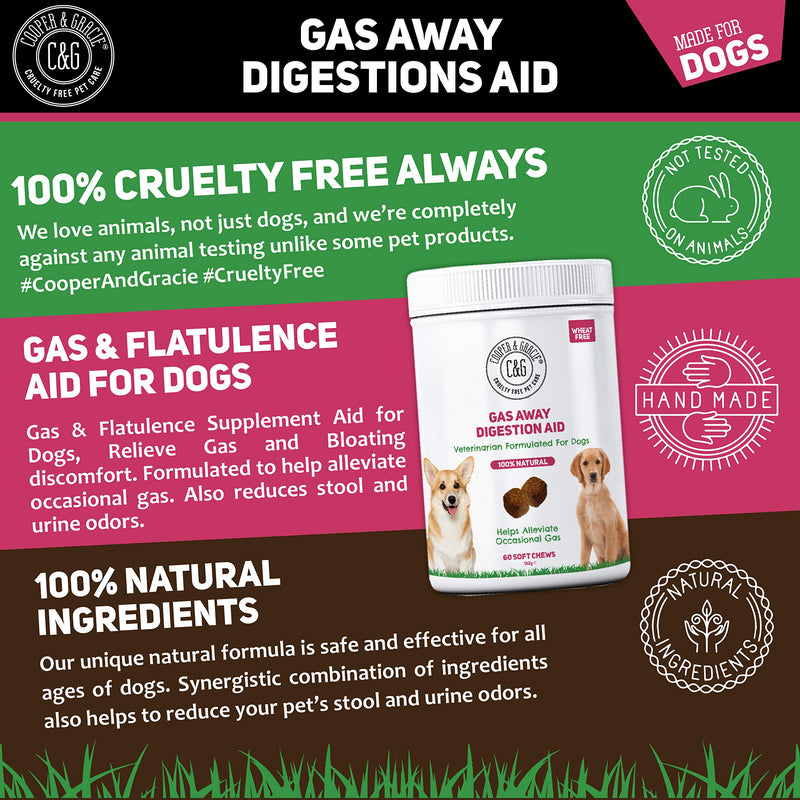 C&G Pets Gas Away Digestion Aid 60 Soft Chews, Gas & Flatulence Supplement Aid for Dogs, Relieve Gas and Bloating Discomfort, Reduces Stool and Urine Odors, Veterinarian Formulated