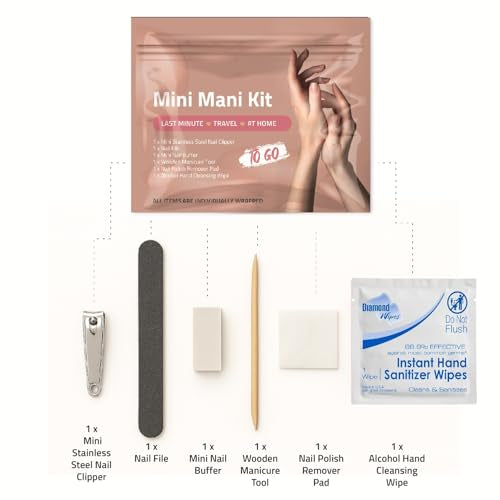 Mini Mani Kit – Disposable Manicure Set with Nail Clipper, File, Buffer, Cuticle Stick, Remover Pad & Alcohol Wipe – Single-Use Nail Care Kit for Travel, Events, or Bulk Hygiene (Regular, 3, Count) Regular