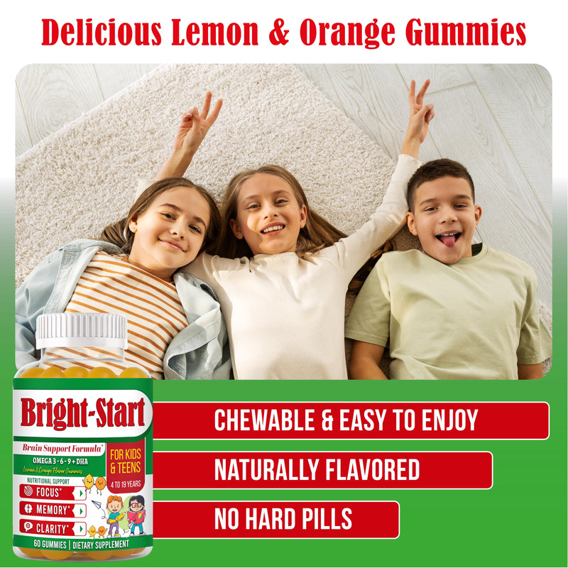 BrightStart Focus Gummies for Kids & Teens – Kids Focus and Attention Supplements with Omega 3 DHA, Brain Support Supplement for Teens, Kids Omega 3 Gummies, Daily Children’s Focus Gummy, 60 Ct