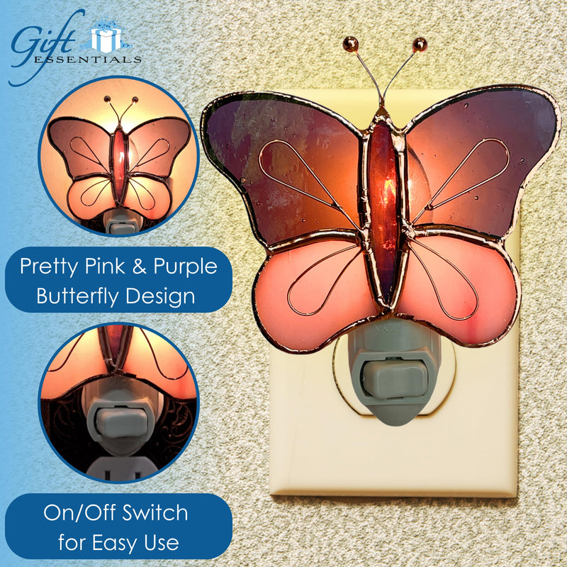 Gift Essentials Pink and Purple Butterfly Plug in Night Light - Stained Glass Nightlight with On/Off Rocker Switch - Includes One 4 Watt Replaceable Incandescent Warm Glow Bulb - BeesActive Australia