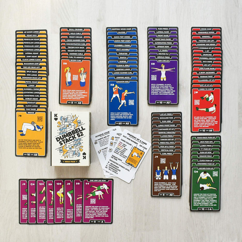 Stack 52 Dumbbell Exercise Cards. Workout Playing Card Game. Video Instructions Included. Perfect for Training with Adjustable Free Weight Sets and Home Gym Fitness. (2019 Mega Pack) 107 Card Mega Pack