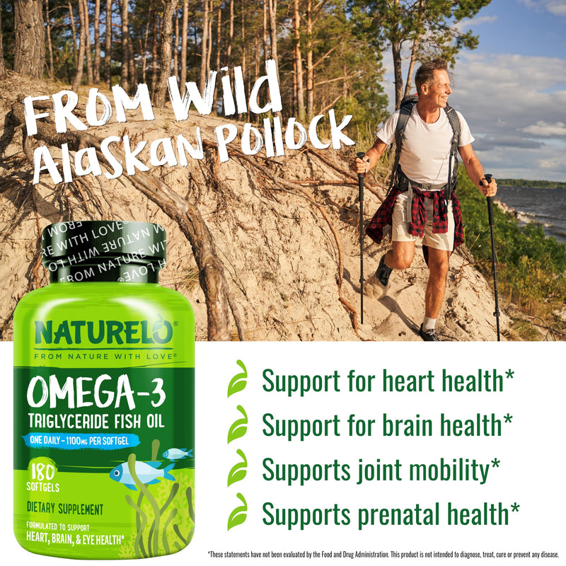 NATURELO Burpless Omega 3 Fish Oil Supplement, 1100mg, 180 Softgels | Triglyceride omega-3, omega 3 DHA EPA, liquid fish oil, 6 months supply 180 Count (Pack of 1)