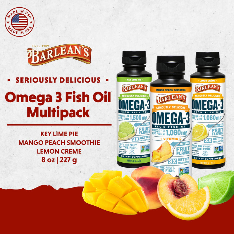 Barlean's Omega-3 Fish Oil Liquid, 1500mg EPA & DHA, Variety Pack, 8oz | Wild-caught, EPA DHA omega-3, 3 flavors, Burpless, Non-GMO, Gluten-free, Supports heart, brain, eye & immune health 8 Fl Oz (Pack of 3)