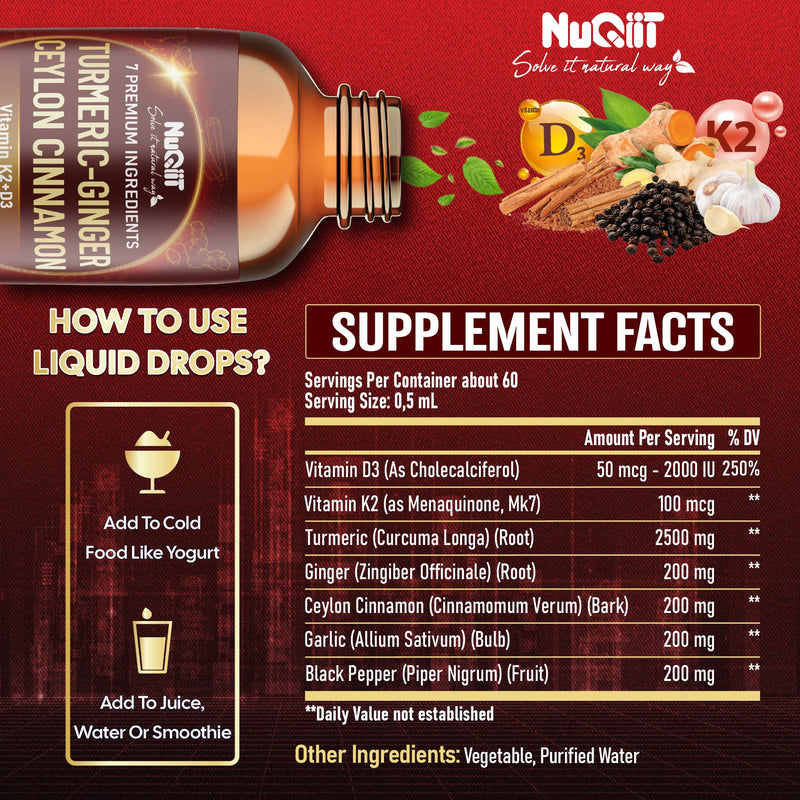 7in1 Liquid Turmeric Curcumin with Vitamin D3, Vitamin K2, Ginger, Ceylon Cinnamon, Garlic, Black Pepper - Drops Extract - 2 Month Supply