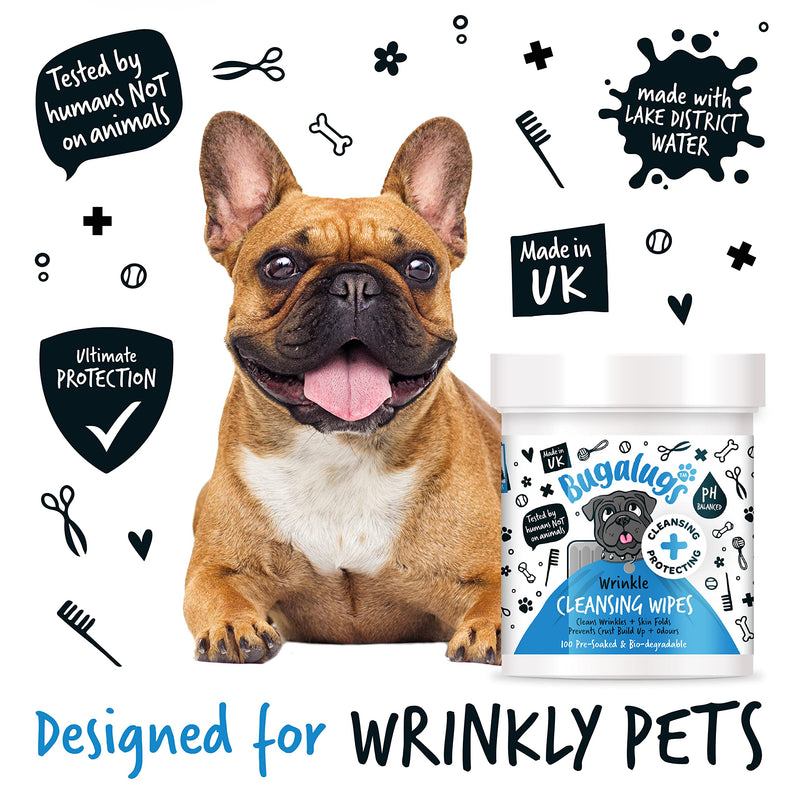 BUGALUGS Wrinkle Dog Wipes for pawly skin - 100 Biodegradable dog grooming pet wipes. Use as Dog ear wipes, dog eye wipes, dog face wipes, Paw & Bum wipes for puppy, dogs & cat grooming