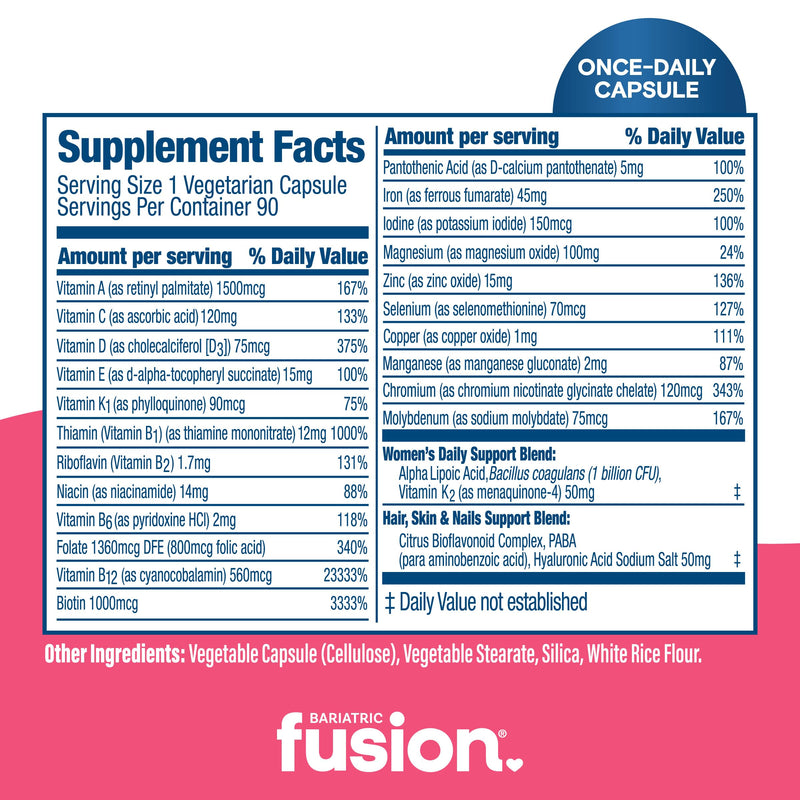 Bariatric Fusion One Per Day Bariatric Multivitamin with Iron for Women | with Hair and Nails Vitamin Blend | Gastric Bypass and Sleeve Gastrectomy | 90 Count | 3 Month Supply