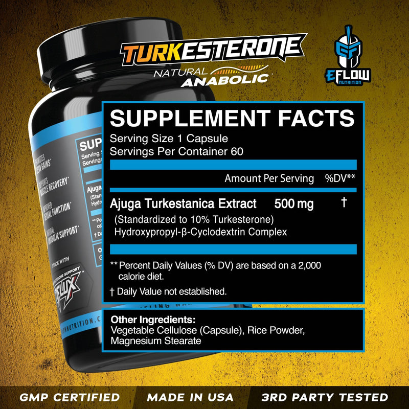 eFlow Nutrition Turkesterone Supplement for Men [Highest Purity] + Cyclodextrin for High Absorption - Increase Stamina, Lean Muscle Growth & Recovery, Boosts Drive - 3rd Party Tested (60 Capsules)