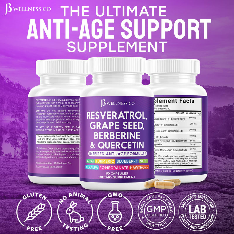 JB Wellness Resveratrol Grape Seed Extract, Berberine, Quercetin - Polyphenol Supplement for Women and Men with Noni, N-Acetyl Cysteine, Acai Extract - 60 Capsules 60 Count (Pack of 1)