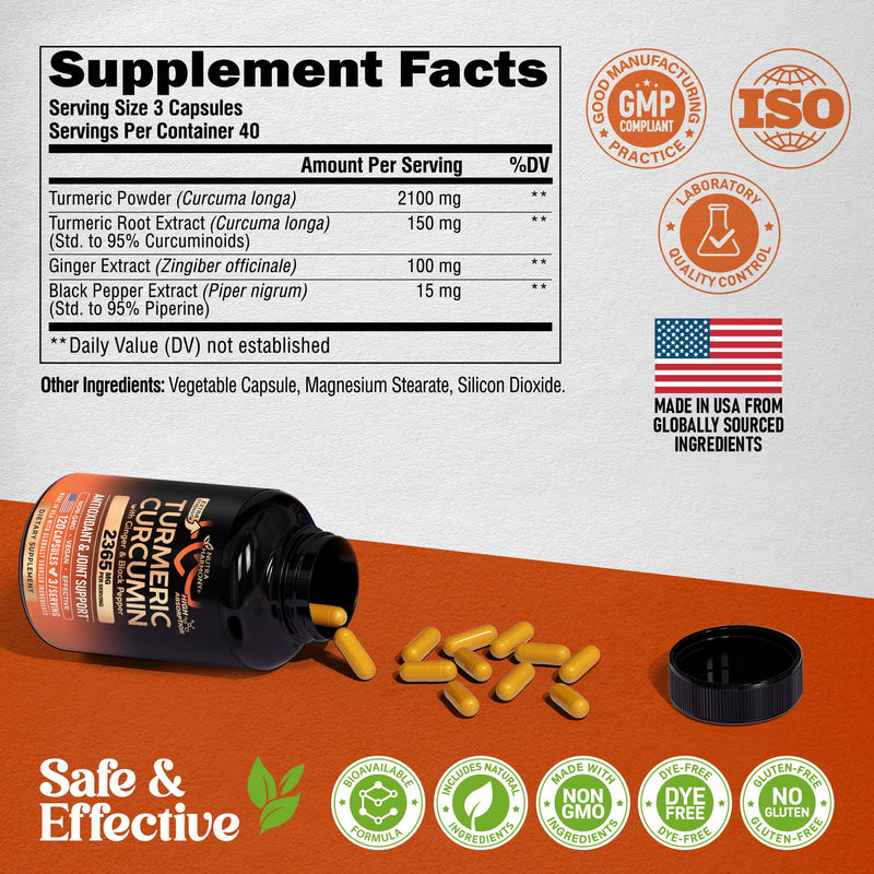 Turmeric Curcumin Supplement 2365 mg - Turmeric with Ginger & Black Pepper - Highly Bioavailable & Extra Strength 95% Curcuminoids - Antioxidant, Immunity & Joint Support - Made in USA - 120 Capsules - BeesActive Australia