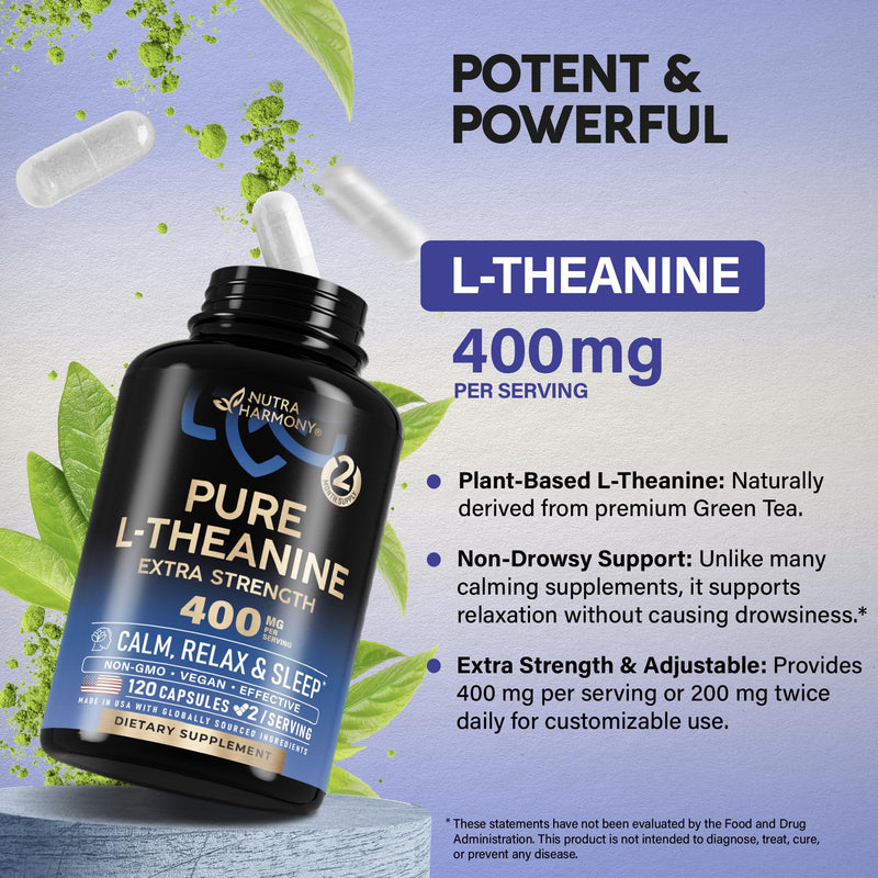 L Theanine 400 mg | L-Theanine Stress Relief | Extra Strength Supplement | Made in USA | Relaxation, Sleep & Calm Support | for Men & Women | Plant Based, Non-GMO & Gluten-Free | 120 Vegan Capsules 120 Count (Pack of 1)