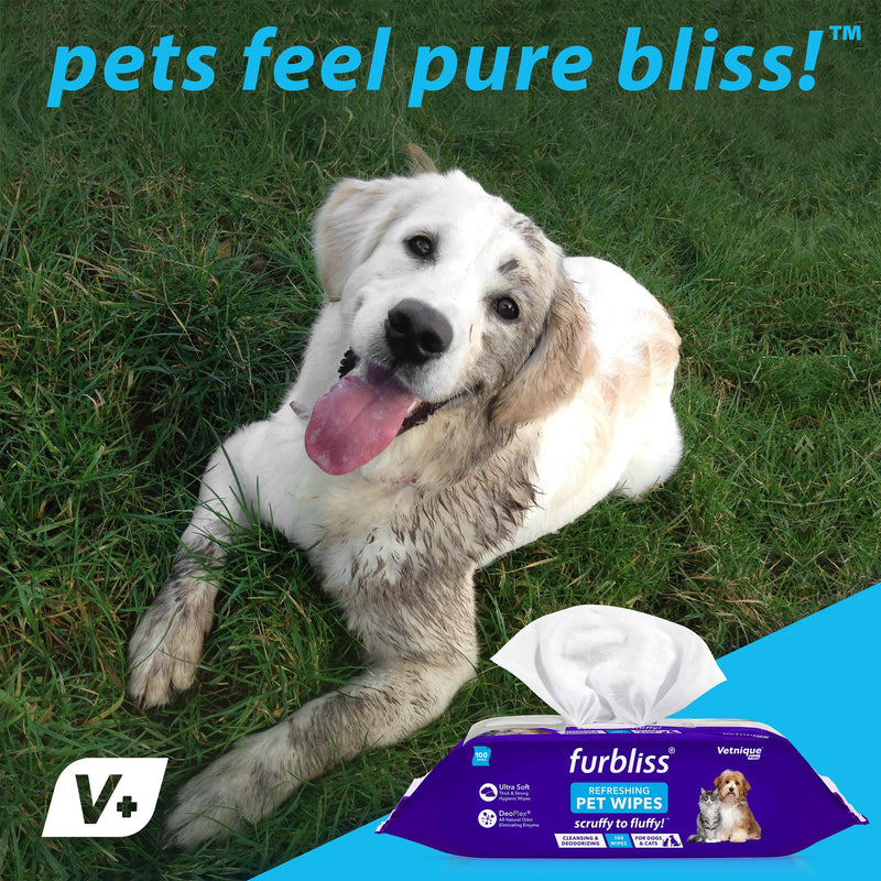Vetnique Labs Furbliss Hygienic Pet Wipes for Dogs & Cats, Cleansing Grooming & Deodorizing Hypoallergenic Thick Wipes with All Natural Deoplex Deodorizer (Unscented, 100ct Pouch) Unscented - BeesActive Australia