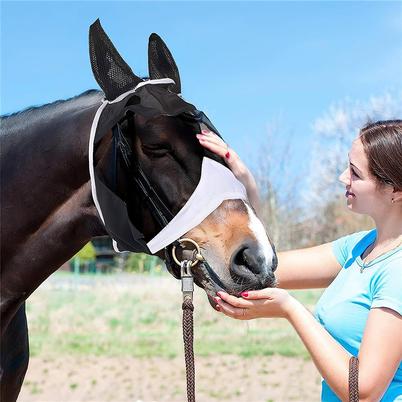 Horse Fly Mask with Ears Cover Uv Protection Horses Fly Mask with Eyes Cover Black Net Equine Sunscreen Quiet Ride and Smooth Fly Mask with Adjustable fit (Pony) Pony - BeesActive Australia