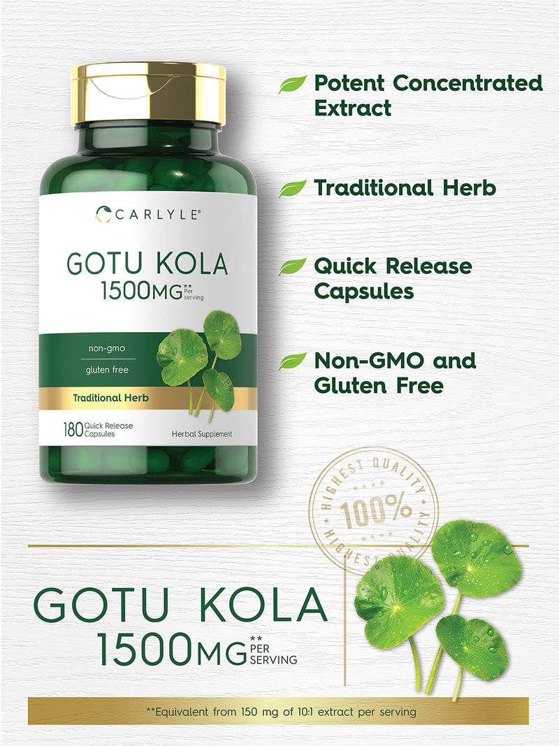 Carlyle Gotu Kola Capsules 1500mg | 180 Count | Non-GMO, Gluten Free | Traditional Herb Extract - BeesActive Australia