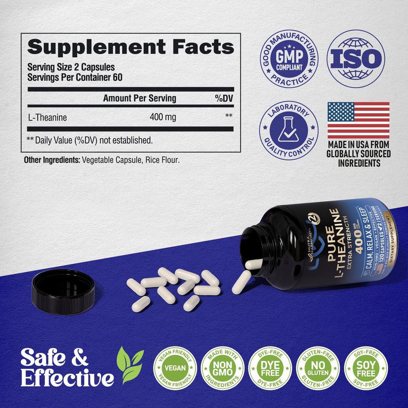 L Theanine 400 mg | L-Theanine Stress Relief | Extra Strength Supplement | Made in USA | Relaxation, Sleep & Calm Support | for Men & Women | Plant Based, Non-GMO & Gluten-Free | 120 Vegan Capsules 120 Count (Pack of 1)