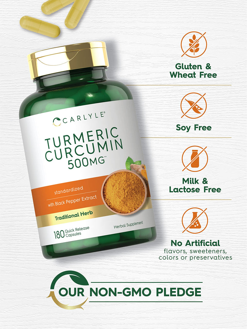 Carlyle Turmeric Curcumin with Bioperine | 500 mg | 180 Powder Capsules | Support Complex with Black Pepper | Non-GMO, Gluten Free Supplement - BeesActive Australia