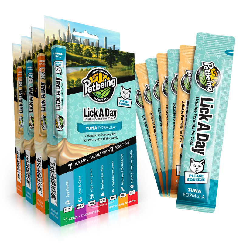 Lick a Day | Specially Formulated 7-in-1 Functions Daily Real Meat Lickable Cat Supplemets | Tasty Cat Puree Squeeze ups for Cats & Pet Vitamins Combination (7-Pack x 4, Chicken & Tuna) Mix of Chicken & Tuna