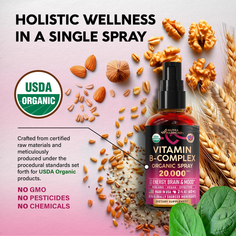 USDA Organic Vitamin B-Complex 20000mcg - B5, B12, B1, B6, B7, B9, B3 - 2Oz | B Complex Liquid Pump - Pantothenic Acid, Methylcobalamin, Thiamine, Pyridoxine, Biotin, Folic, Niacinamide - Berry Flavor