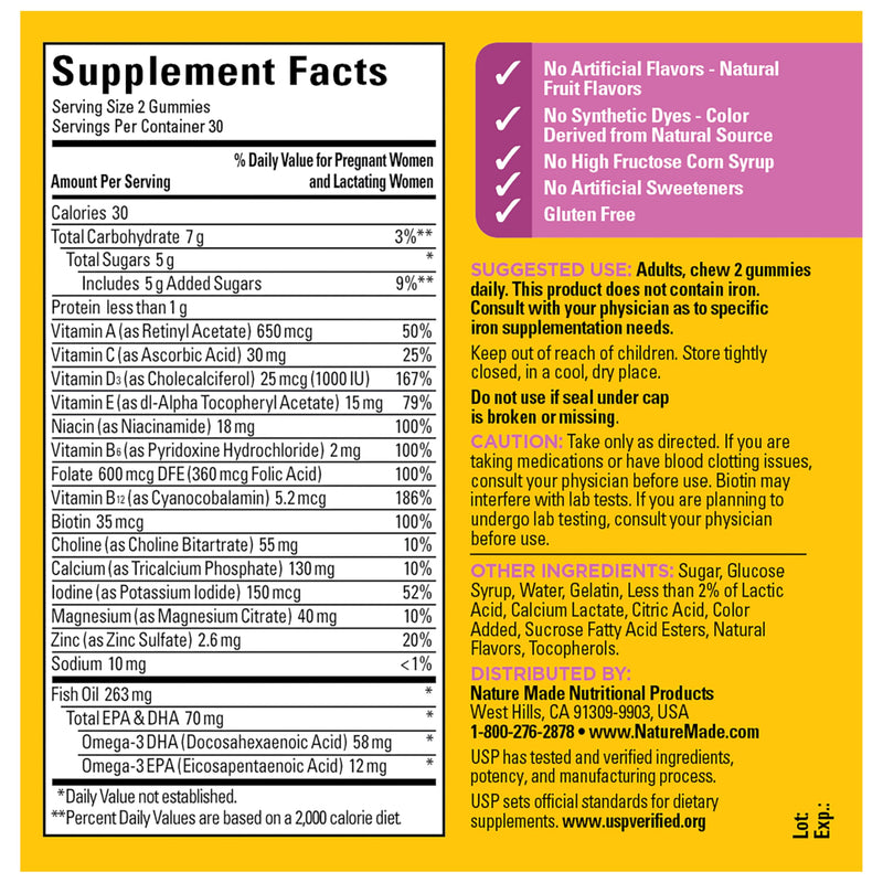 Nature Made Prenatal Gummies with DHA and Folic Acid, 60 Gummies | Prenatal Vitamins for Women for Daily Nutritional Support, With Folic Acid and 15 Other Nutrients, Gluten Free, 30 Day Supply 60 Count (Pack of 1)