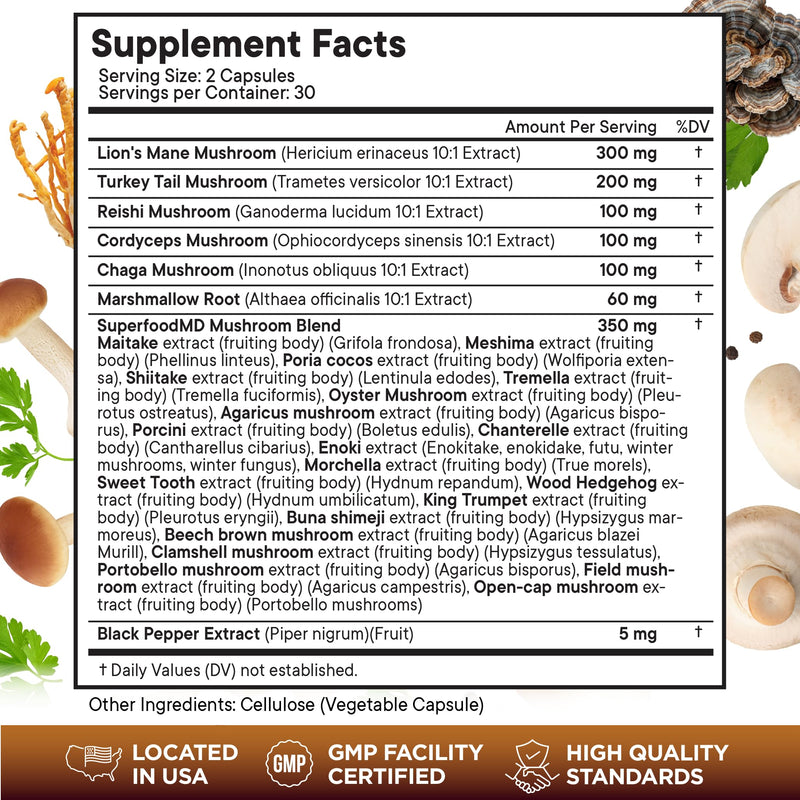 Lions Mane Mushroom Supplement with Turkey Tail Reishi Cordyceps Chaga with Marshmallow Root - 120 Count 120 Capsules (Pack of 2)