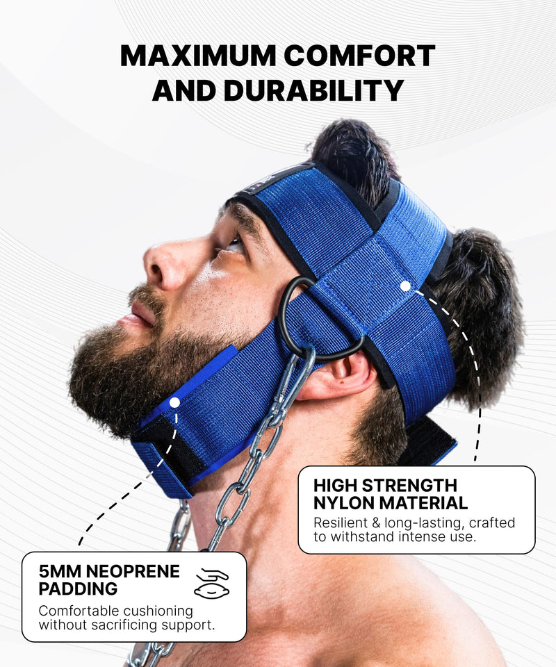 DMoose Fitness Neck Harness for Weight Lifting - Soft Padded Head & Chin Strap with 30" Heavy Duty Steel Chain - Neck Exerciser, Trainer & Strengthener to Support Injury Recovery and Intense Workouts With Support Strap American