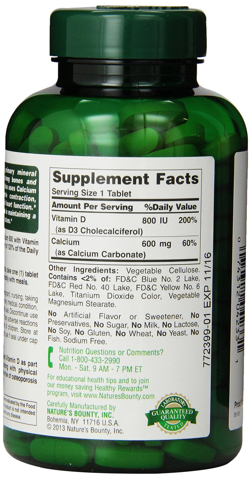 Nature's Bounty High Potency Calcium 600 + D Tablets - 0250ct, 1.17 Bottles (Pack of 2) Unflavored 250 Count (Pack of 2)