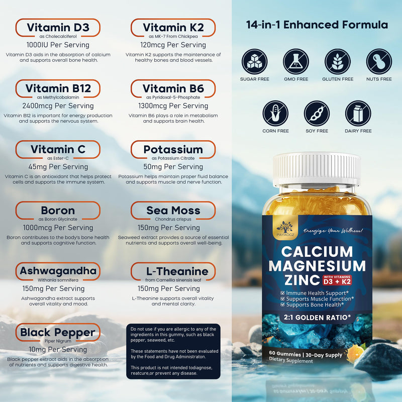 (2 Pack) Calcium Magnesium Zinc Gummies with Vitamin D3, K2, B12 & B6 for Adults, Sugar Free Magnesium Glycinate with Potassium Sea Moss Supplement, Calcium Citrate for Bone Mood & Sleep Support