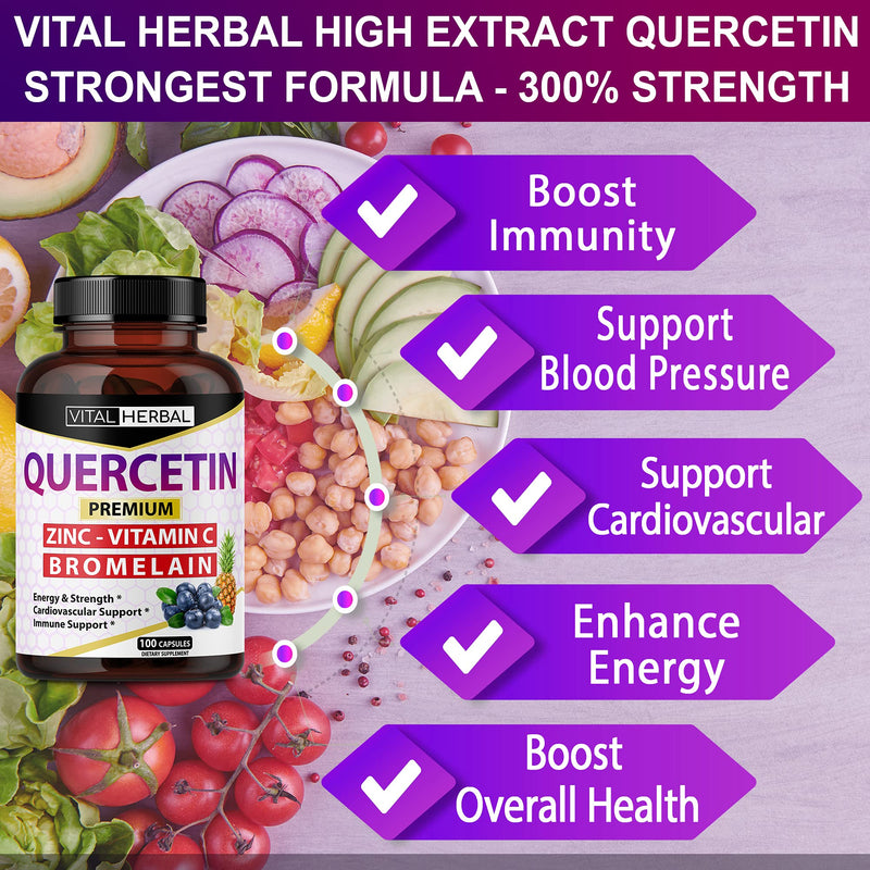 Ultra Quercetin High Purity 98% with Bromelain Capsules - Equivalent to 4085 mg Powder - Maximum Strength with Ashwagandha - Supports Overall Health Strength Energy (100 Counts) - BeesActive Australia