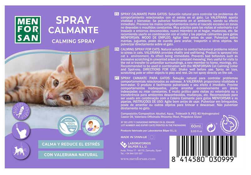 MENFORSAN Calming Spray for Cats | With Natural Valerian | Calm and Reduce Stress | Immediate Effect | 60ml