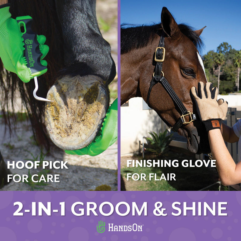Handson Hoof Pick & Finishing Gloves Bundle – Essential Horse Grooming Set for Coat & Hoof Care – Metal Pick w/Hoof Filer & Gloves for Shiny Horse Coat (Large)
