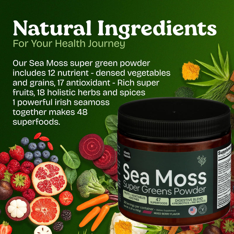 Atlantic Naturals Organic Sea Moss Super Greens Powder Superfood 5000mg | Daily Green Superfood Powder for Energy, Digestion & Immune Support | Enriched with Fruits, Veggies & Probiotics, Mixed Flavor