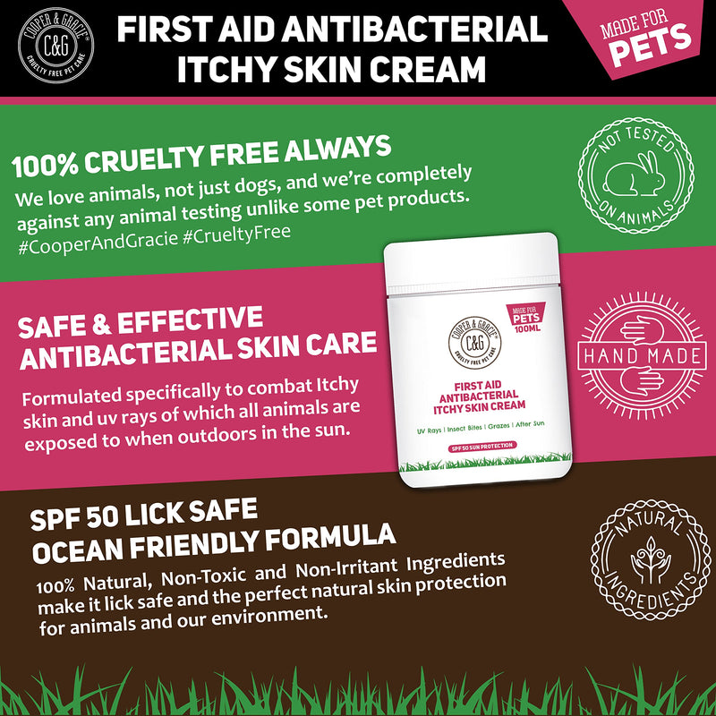 C&G Pets First Aid Antibacterial Itchy Skin Cream with SPF 50 | Natural Essential Oil | Maintains Cracked Itchy Skin | Lick Safe Non-Toxic Non-Irritant | Highly Absorbent Sun Cream for Dogs 100ml