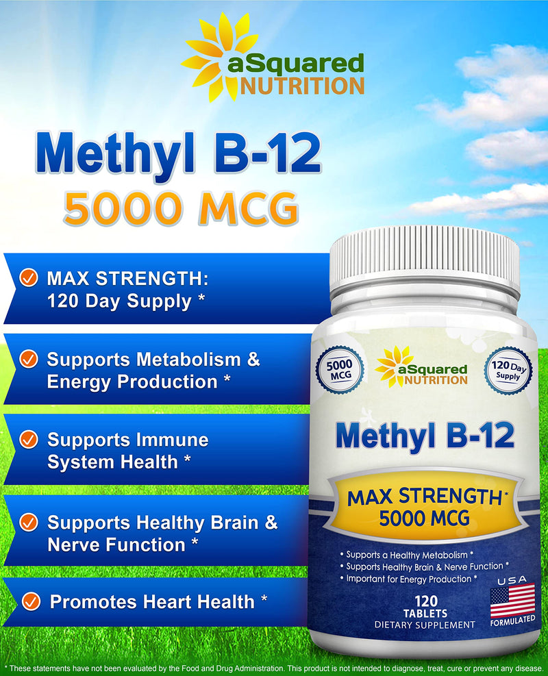 Vitamin B12 - 5000 MCG Supplement with Methylcobalamin (Methyl B-12) - 120 | Max Strength B12 Vitamins - 120 Tablets - Methylated Vit B 12 Support for Men & Women - Help Boost Energy & Brain Health
