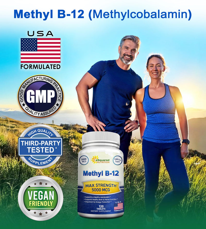 Vitamin B12 - 5000 MCG Supplement with Methylcobalamin (Methyl B-12) - 120 | Max Strength B12 Vitamins - 120 Tablets - Methylated Vit B 12 Support for Men & Women - Help Boost Energy & Brain Health