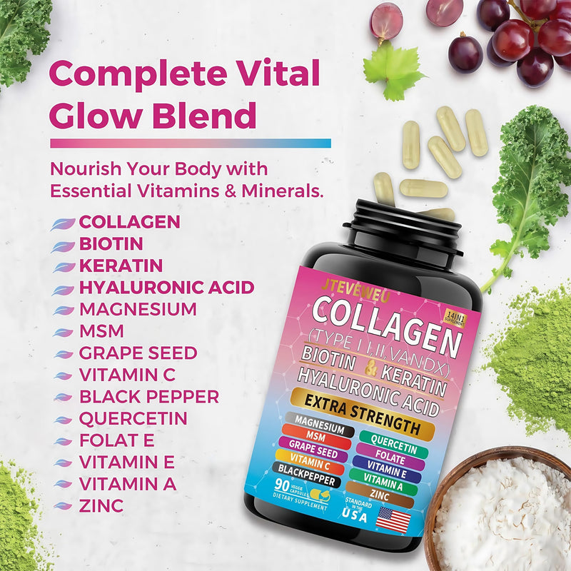 Collagen Supplement - Types I, II, III, V & X, MCG Biotin, Keratin, Hyaluronic Acid, Zinc, Grape Seed Extract, Quercetin, Vitamin A, Vitamin C, Vitamin E, Magnesium, Folic Acid（90 Capsules） 90 Count (Pack of 1)