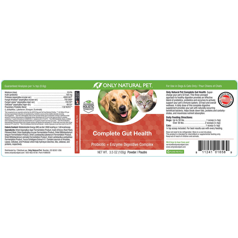 Only Natural Pet Complete Gut Health Complex - Probiotics & Digestive Enzyme Supplement for Dogs & Cats - Promotes Healthy Digestion, Immune System, Nutrient Absorption - Made in USA -3.5oz Powder 3.5 oz (Pack of 1)